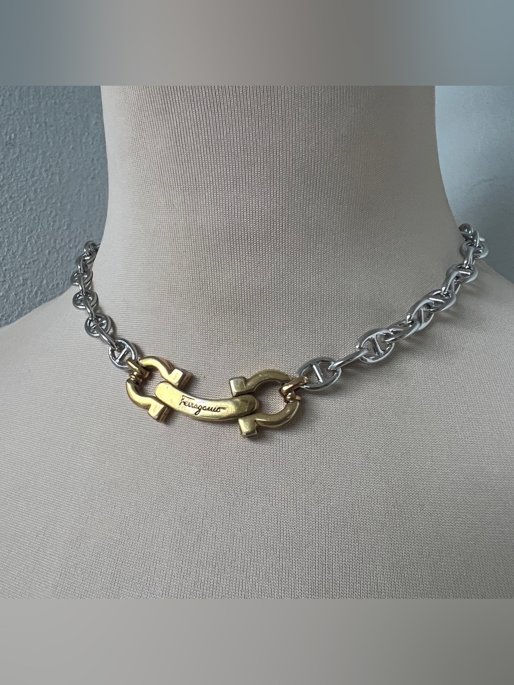 Custom Vintage Two-tone Ferragamo Necklace Gucci Link Chain Choker | 15”+